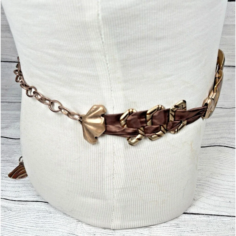 Chicos Giraffe Printed Gold Tone Metal Belt Animal Print Brown Fabric Chain